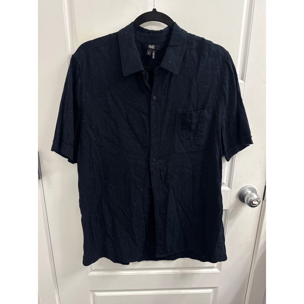 Paige Mens Large Navy Blue Speckled Fleck Short Sleeve Button Down Shirt Pocket